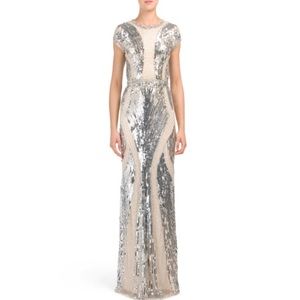 Mac Duggal Nude Silver Embellished Sequin High Neck Mesh Maxi Gown, NWT